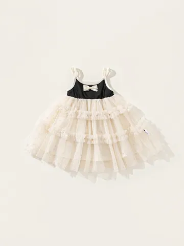 Girls Princess Dress Tiered Tulle Cake Skirt Contrast Color Bow Decor Sleeveless Dress Elegant Party Ball Gown For Kids