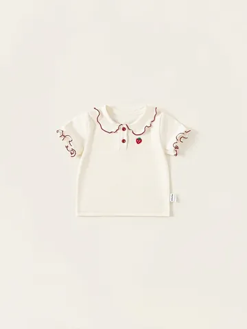 Girls Sweet Cotton T-Shirt Peter Pan Collar Strawberry Embroidery Off-White Short Sleeve Cute Summer Kids Clothing Tops