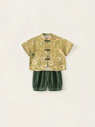 Jungen Traditionelles Chinesisches Sommer Kleidungsset Gänseblümchendruck Kurzarm Top Und Laternenhose Kinder Outfit