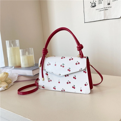 Mode Doux Cerise Imprimé Petit Sac Carré Pour Femmes PU Cuir Sac à Main Avec Poignée à Nœud Sac Bandoulière Polyvalent