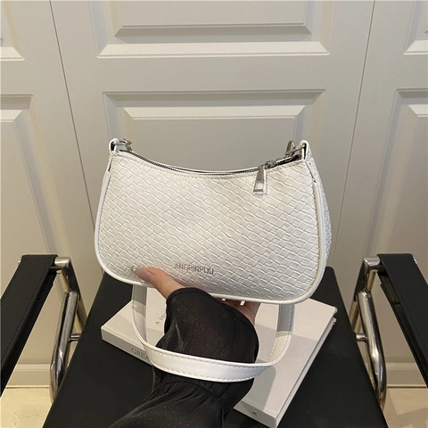 Women Minimalist PU Leather Underarm Bag Fashion Woven Texture Crocodile Pattern Small Square Shoulder Bag Daily Purse