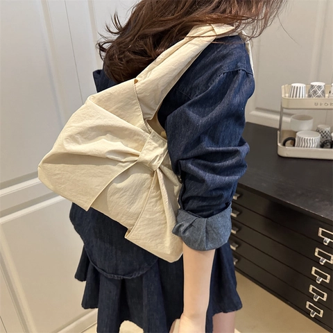 Borsa Tote in Tela Gingham Donna Grande Capacità Dolce Fiocco Borsa a Tracolla Minimalista Estetica Shopping Bag Giornaliera