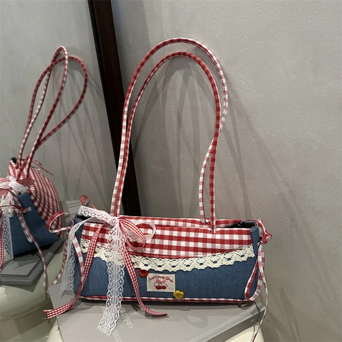 Sac à Bandoulière Doux Denim Gingham Femmes Rétro Coton Bordure en Dentelle Nœud Sac Sous le Bras Écusson Cerise Sac Décontracté