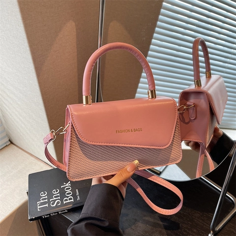 Bolso Bandolera Patchwork de Moda Cuero PU Textura Tejida Bolso de Mano Cuadrado Pequeño Con Correa Ajustable Para Mujer