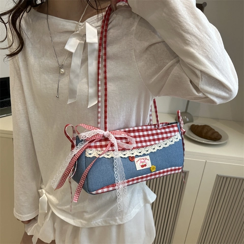 Sac à Bandoulière Doux Denim Gingham Femmes Rétro Coton Bordure en Dentelle Nœud Sac Sous le Bras Écusson Cerise Sac Décontracté