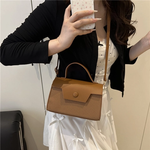 Borsa a Mano da Donna Vintage in Pelle PU con Trama Intrecciata Borsa a Tracolla Piccola Quadrata di Moda con Fibbia Rotonda