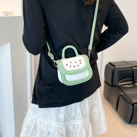 Cute Cherry Embroidered Mini Crossbody Bag For Little Girls Kids PU Leather Small Square Handbag With Moon Pendant Sweet Fashion Bag