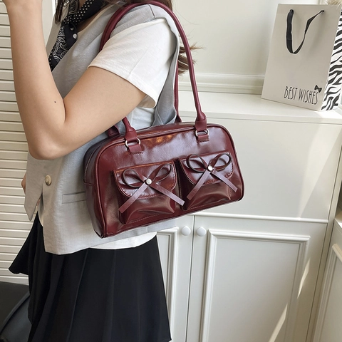 Women Retro PU Leather Shoulder Bag Double Bow Pocket Design Trendy Underarm Bag Solid Color Square Handbag For Daily Use