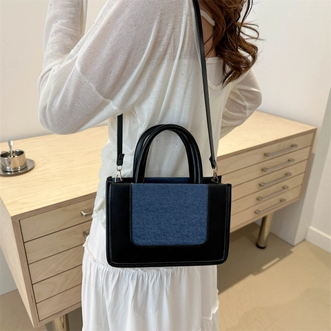 Women Vintage PU Leather Canvas Patchwork Small Square Bag Casual Colorblock Crossbody Bag With Webbing Top Handle Shoulder Bag
