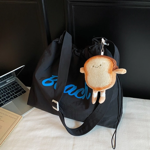 Women Large Capacity Washed Fabric Tote Bag Casual Letter Print Drawstring Shoulder Bag With Cute Plush Toast Pendant