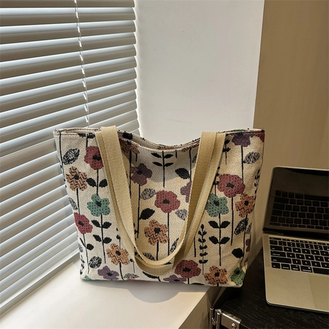 Sac Cabas Femme Toile Jacquard Floral Ethnique Vintage Grande Capacité Sac à Épaule Sac à Main Imprimé Rétro Pour Navettage École Voyage