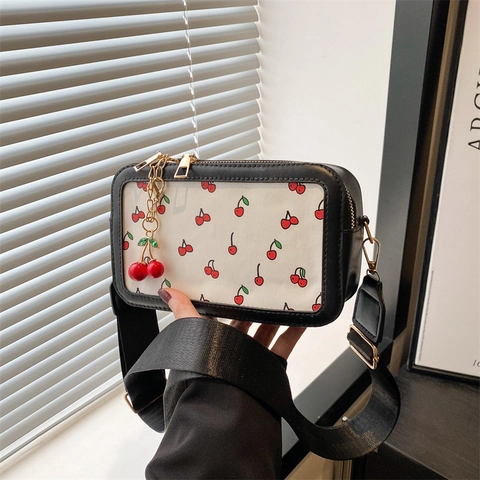 Fashion Cherry Print Small Square Crossbody Bag For Women Artistic PU Leather Shoulder Handbag With Adjustable Wide Strap