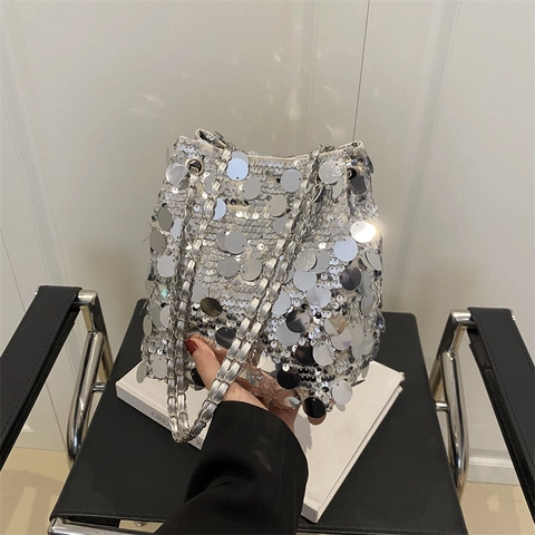 Women Fashion Sequin Bucket Bag Large Round Sequin Chain Shoulder Crossbody Bag Glitter Evening Party Handbag For Ladies