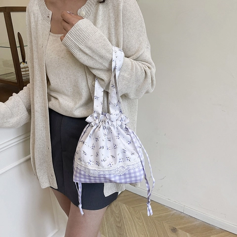 Floral Plaid Drawstring Lunch Bag Nylon Patchwork Handbag With Lace Trim Portable Bento Bag For Women Students Daily Use
