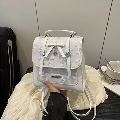 Vintage Floral Lace Mini Backpack For Women PU Leather Bow Heart Pendant Small Square Bag For Daily Commuting School