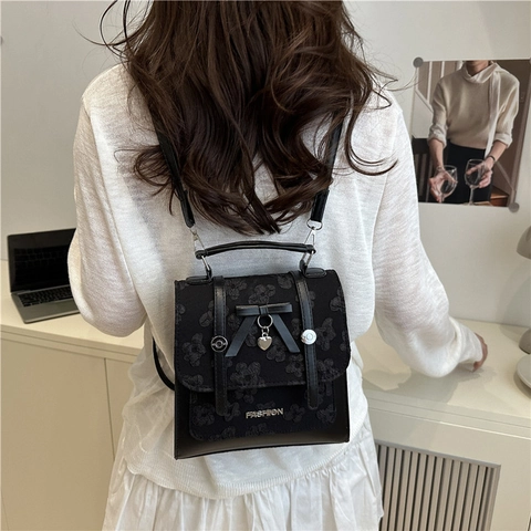 Vintage Floral Lace Mini Backpack For Women PU Leather Bow Heart Pendant Small Square Bag For Daily Commuting School