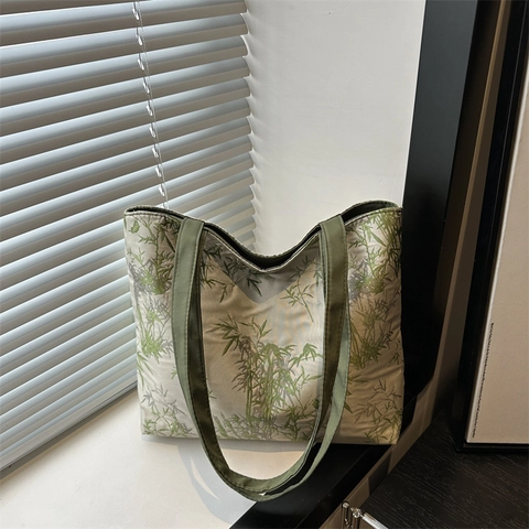 Sac Cabas Femme Style Chinois Impression Bambou à l'Encre Grande Capacité Sac à Épaule en Toile Imprimée pour Shopping