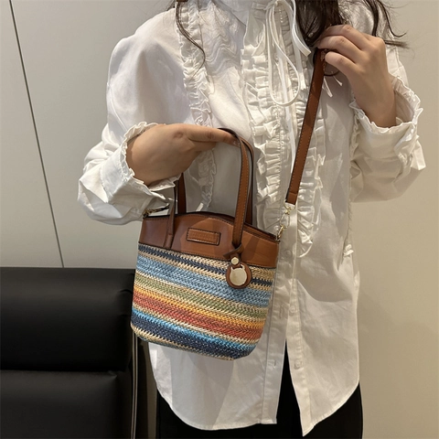 Retro Striped Woven Straw Handbag For Women Summer Bucket Bag Color Contrast Stitching Crossbody Phone Bag Bohemian Vacation Tote