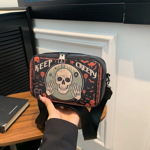 Borsa a Tracolla con Stampa di Halloween da Donna Borsa Quadrata in PU alla Moda Stile Oscuro con Tracolla Larga per Festa
