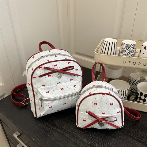 Sac à Dos Mode Femme Doux Imprimé Nœuds Et Pois Style Preppy Cuir Synthétique Mini Sac de Jour Avec Pendentif Cœur Sac d'École