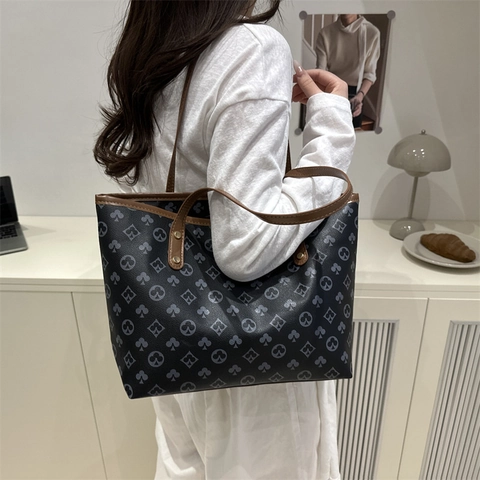 Borsa Tote da Donna Grande Capacità Monogramma Vintage Borsa a Tracolla Pendolare Borsa a Mano Moda in Pelle Sintetica