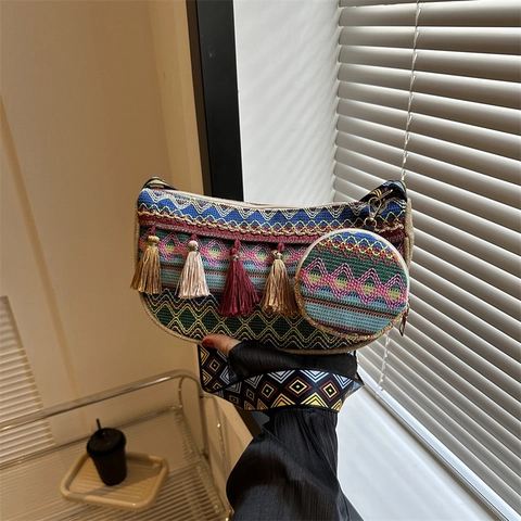 Damen Ethno Boho Gewebte Umhängetasche 2-In-1 Set Quaste Geometrisches Muster Breiter Gurt Handgewebte Stoff Schultertasche