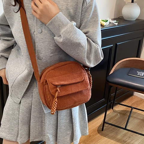 Bolso Bandolera de Pana de Estilo Coreano Ins para Mujer Color Sólido Casual Bolso Cuadrado Pequeño con Tirador Trenzado
