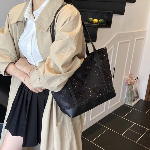 Große Kapazität Tote Tasche Für Damen PU Leder Schmetterling Blumen Druck Strass Verzierte Einfache Urban Schultertasche