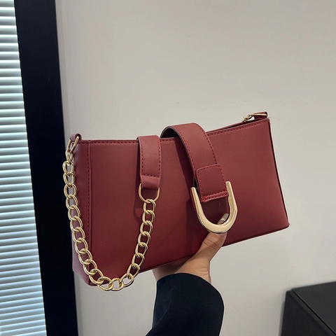 Bolso de Axila de Cuero PU Retro para Mujer Bolso de Hombro Rectangular Minimalista Con Cadena Dorada Color Sólido