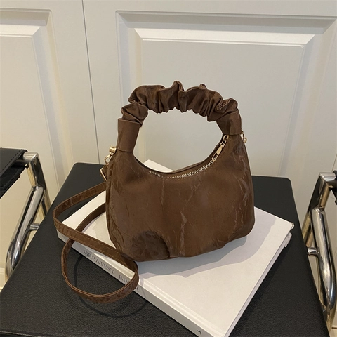Borsa Hobo Donna in Pelle PU con Manico a Pieghe Trama Marmo Borsa a Tracolla Tracolla Rimovibile Stile Francese