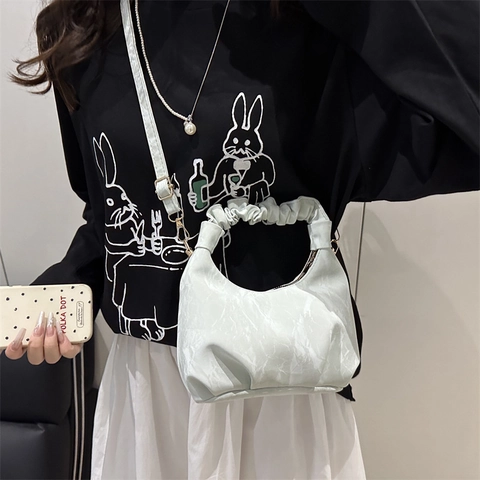 Borsa Hobo Donna in Pelle PU con Manico a Pieghe Trama Marmo Borsa a Tracolla Tracolla Rimovibile Stile Francese