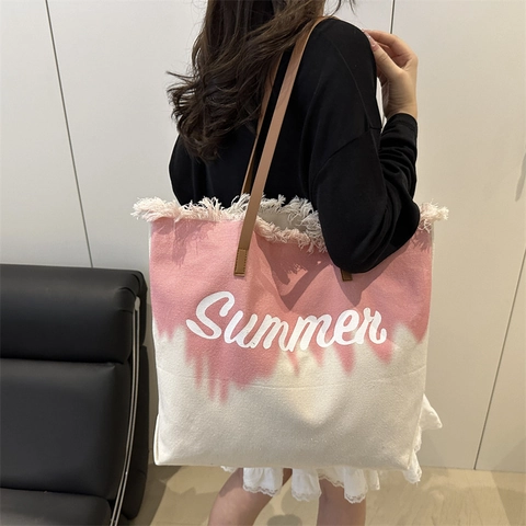 Große Kapazität Verlauf Segeltuch Tragetasche Fransen Summer Bedruckt Schultertasche Brauner Lederriemen Damen Handtasche