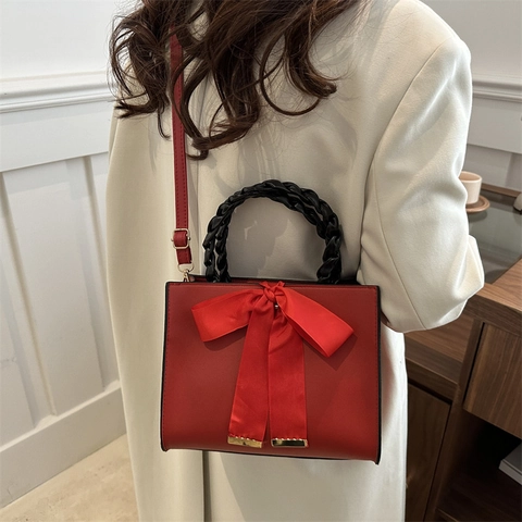 Sac à Main Carré en Cuir PU pour Femmes Avec Grand Nœud en Satin Poignée Tressée Noire Élégante Sac Bandoulière