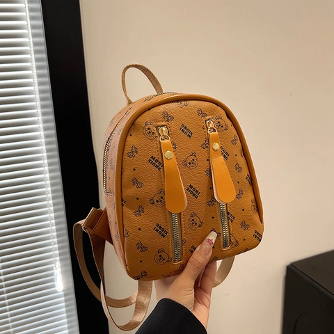 Damen Mode Mini PU Leder Rucksack Bär Druck Casual Reise Daypack Für Studenten Mädchen Schule Rucksack Multi Tasche Pendler Tasche