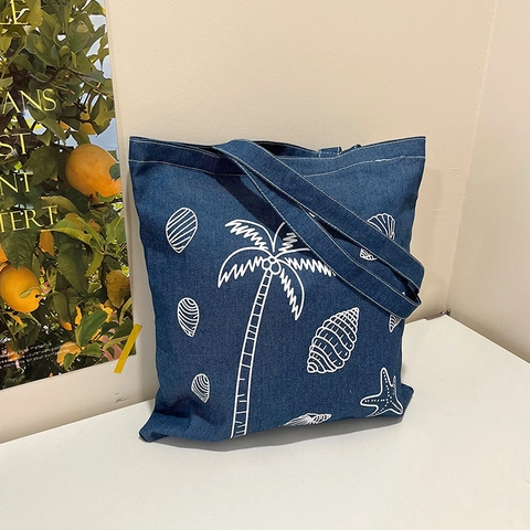 Borsa Tote in Denim Vintage da Donna Grande Capacità Borsa a Spalla Con Stampa Bianca Farfalla Vita Marina Palma Shopping Bag