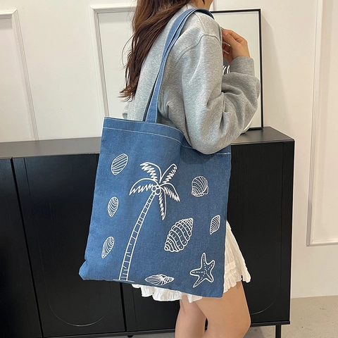 Borsa Tote in Denim Vintage da Donna Grande Capacità Borsa a Spalla Con Stampa Bianca Farfalla Vita Marina Palma Shopping Bag
