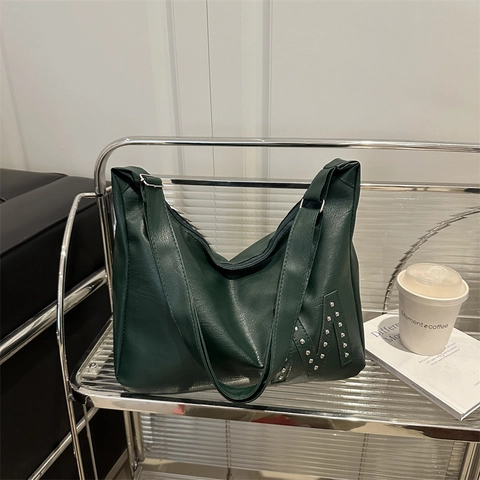 Bolso Hobo Tote de Cuero PU Vintage para Mujer Gran Capacidad Con Diseño de Remaches M Bolso de Hombro Casual de Diario