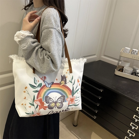 Damen Schmetterling Blumenmuster Große Kapazität Segeltuch Tote Bag Mit Gefranster Kante Freizeit Schultertasche Handtasche