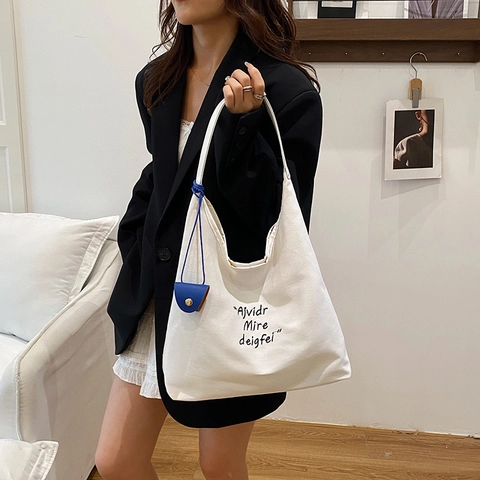 Women Large Capacity Canvas Shoulder Bag Urban Simple Tote Bag With Letter Embroidery Casual Hobo Bag For College School Office Daily Commute