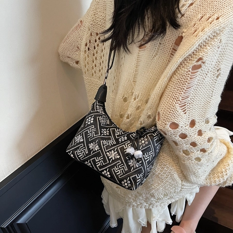 Borsa a Tracolla Vintage in Stile Cinese Da Donna Con Manico In Perline Motivo Floreale Geometrico Borsa a Mano