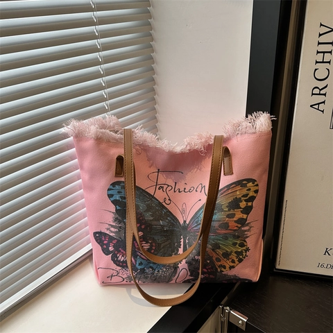 Große Kapazität Leinwand Tragetasche Für Damen Künstlerische Schmetterling Pfau Druck Fransen Kante Schultertasche Mit Ledergriffen