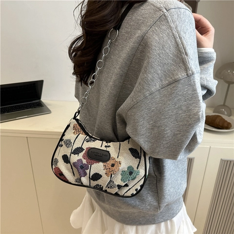 Borsa A Tracolla Da Donna In Canvas Con Stampa Floreale Catena Di Metallo Sottoascellare Vintage Pastorale Cuciture Messenger Satchel Per Abbinamento Quotidiano