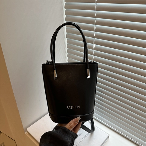 Bolso Cubo de Cuero PU para Mujer Estilo Coreano Color Sólido Estampado de Letras Bolso de Hombro Cruzado Casual