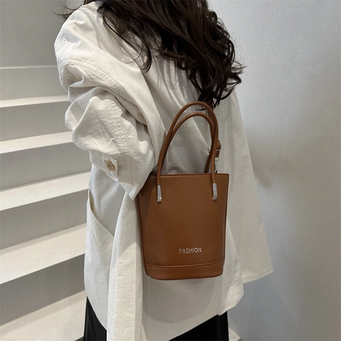 Bolso Cubo de Cuero PU para Mujer Estilo Coreano Color Sólido Estampado de Letras Bolso de Hombro Cruzado Casual