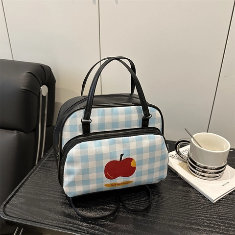 Women Cute Plaid Backpack Fashion Gingham Shoulder Bag With Apple Print Large Capacity PU Leather Casual Travel School Bag
