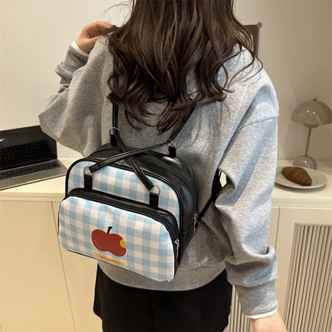 Women Cute Plaid Backpack Fashion Gingham Shoulder Bag With Apple Print Large Capacity PU Leather Casual Travel School Bag