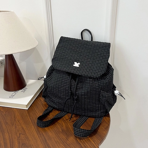 Zaino da Donna alla Moda a Quadri Grande Capacità Zaino Casual in Nylon con Coulisse Borsa da Scuola Versatile per Studenti