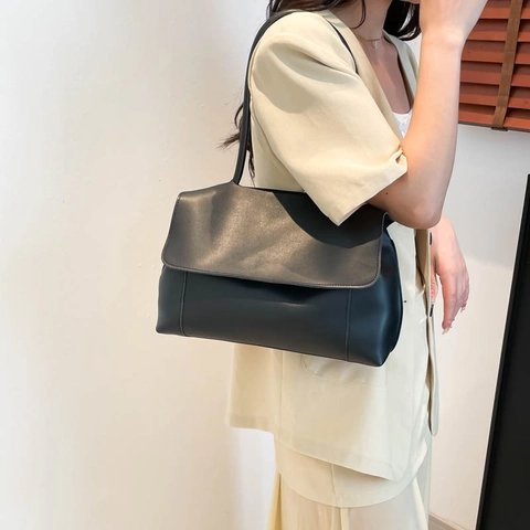 Bolso Tote de Cuero PU de Gran Capacidad Minimalista Para Mujer Cierre de Solapa Correas Dobles Bolso de Hombro Conmutador Bolso de Mano Diario