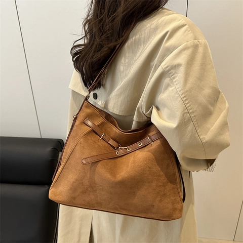 Bolso Tote Grande de Ante Sintético Retro para Mujer Bandolera Hobo con Detalles de Costuras Bolso Diario para Oficina