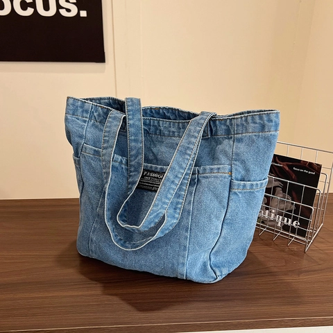 Large Capacity Washed Denim Tote Bag For Women Casual Multi-Pocket Shoulder Bag Vintage Solid Color Cotton Canvas Shopper Handbag